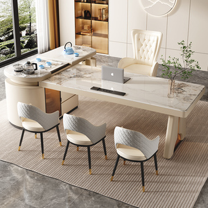 轻奢岩板茶桌椅组合办公桌现代简约高端茶台老板转角书桌茶桌一体