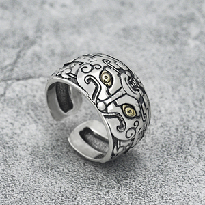 泰银复古创意神兽饕餮男士开口纯银戒指霸气个性潮人S925银宽指环