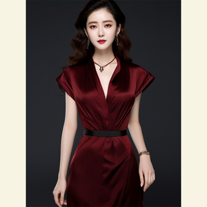 夏季法式气质礼服长裙高端精致正式场合高级感红色醋酸缎面连衣裙