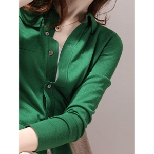 2024春秋新款韩国复古高级绿色上衣慵懒polo领针织开衫毛衣外套女