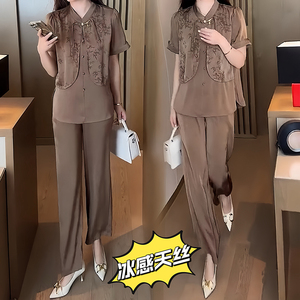 优雅新中式国风时尚套装夏款2024冰丝衬衫显瘦直筒裤假两件两件套