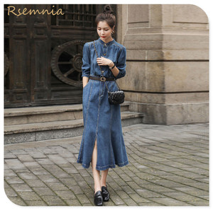 Rsemnia2023春季新款气质圆领显瘦鱼尾摆时尚衬衫牛仔连衣裙韩版