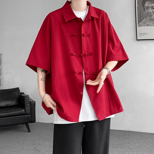 红色新中式国风唐装短袖衬衫男夏季大码男装复古汉服盘扣中山衬衣
