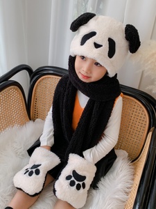 连体帽子围巾儿童学生加厚保暖可爱熊猫耳朵会动亲子手套三件一体