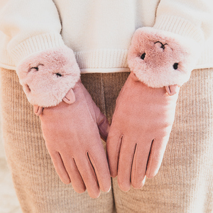 手套女冬天韩版百搭麂皮绒加绒加厚保暖骑车用可爱触屏全指皮手套