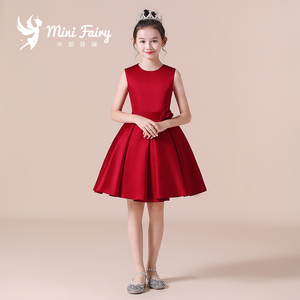 2023新款女童钢琴演出服红色公主裙高端缎布礼服学校主持人小礼服