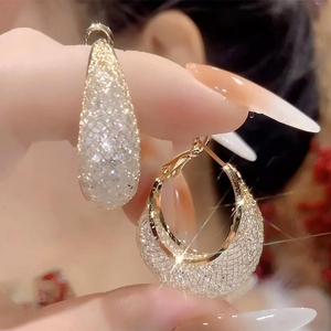 韩国高级感水滴网状水晶耳环女2024年新款潮轻奢气质耳圈纯银耳饰