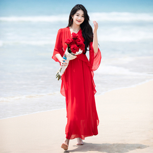 红色连衣裙女雪纺云南新疆旅游拍照长裙高级感三亚海边度假沙滩裙