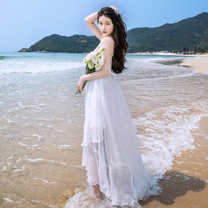 白色连衣裙女夏V领前短后长吊带裙披肩两件套超仙海边度假沙滩裙