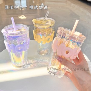 玻璃水果茶杯子 家用透明冷饮料品喝气泡水果汁杯大容量网红ins风