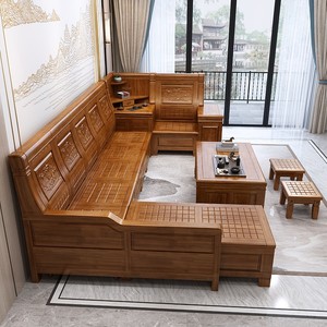 香樟木实木沙发组合全实木客厅套装家具转角雕花新中式储物木沙发