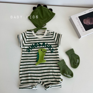 ins韩版夏季可爱恐龙短袖套头连体衣婴幼儿绿色条纹外出爬服哈衣