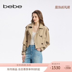 bebe2024秋季新款女士牛角双排扣翻领短款风衣外套341301