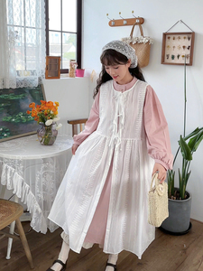 日系森女系圆领长袖宽松纯色衬衫裙白色长款罩衫春夏季连衣裙套装