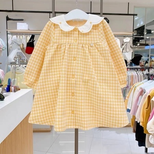 【abs】韩版新款女宝宝可爱娃娃领黄色格子长袖连衣裙