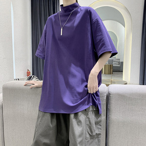 320g重磅葡萄紫色半高领短袖t恤女夏季纯棉中领无字小领口七分袖