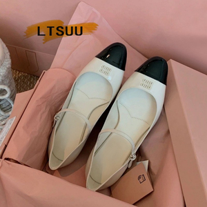 TSUU专柜捡漏款牛皮版法式真皮玛丽珍鞋圆头猫跟穆勒鞋拼色小皮鞋