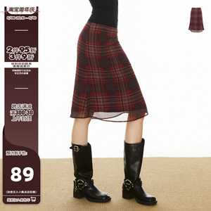 AE6604美式复古格子半身裙女夏季2024新款中长款a字红色气质裙子