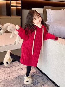 安阳童装韩系女童连衣裙新款春秋装儿童宝宝红色衣服针织毛衣裙子