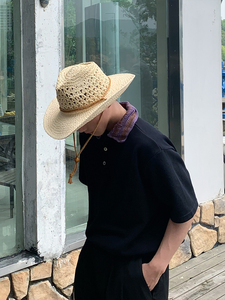 草帽男夏季旅游度假沙滩海边草编镂空西部牛仔帽子遮阳防晒帽