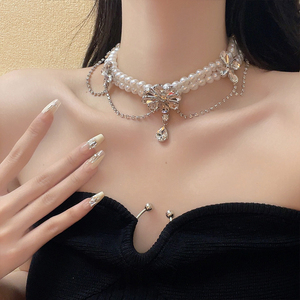 轻奢高级感水钻珍珠项链女夸张礼服水晶锁骨链新娘脖子颈链配饰潮