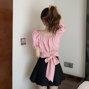 淡粉色方领短款上衣女夏掐腰法式多巴胺设计感露背蝴蝶结短袖衬衫