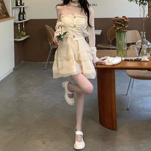小众设计纯欲无袖抹胸连衣裙女2024夏季新款收腰显瘦气质仙女纱裙