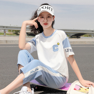初中生夏季短袖t恤女学生韩版纯棉少女夏装套装时尚女孩14岁大童