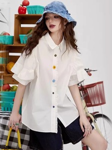 妖精的彩色纽扣白衬衫女2024年夏新款小众法式气质设计感短袖上衣