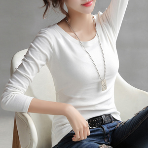 韩国打底衫春秋棉质圆领白色长袖t恤女修身纯色体恤韩版新款上衣