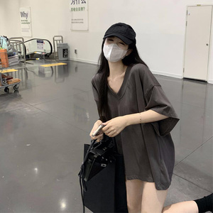 韩国夏季新款港味复古套头短袖T恤女百搭大V领显脸小气质宽松上衣