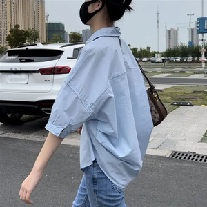 韩国夏季欧货大码中袖衬衫女小清新甜美褶皱减龄小众宽松百搭上衣