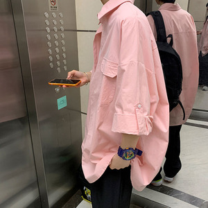 粉色七分袖衬衫男夏季美式复古短袖衬衣阿信同款潮牌工装情侣外套