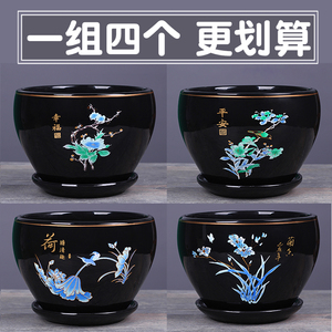 新款花盆陶瓷带托盘一组四个特价现代中式透气桌面大号个性花盆