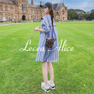 Lecea Alice蓝色条纹连衣裙女2024夏季新款韩版宽松海军领衬衫裙