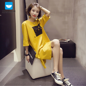 三亚-夏装新款韩版宽松中长款短袖开叉连衣裙女半袖学生t恤女上衣