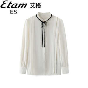 艾格/Etam系黑丝带木耳边立领白色衬衫女2024年春季新款法式气质