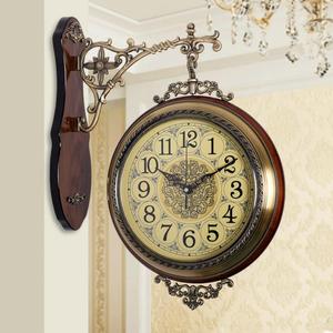 美式实木双面挂钟欧式钟表静音客厅石英钟创意复古挂表两面大时钟