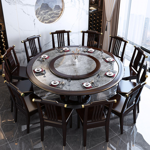 大理石餐桌新中式实木圆桌转盘家用餐桌椅吃饭桌岩板大圆桌子2米