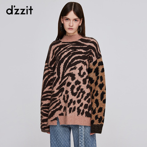 dzzit地素 冬专柜新款羊毛混纺宽松拼色豹纹毛衣女3G4E