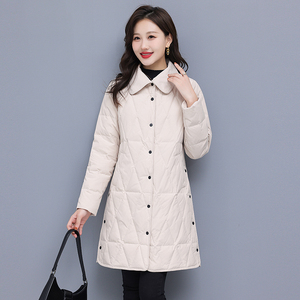 羽绒服2023年女款新款轻薄中长款小个子菱格薄款米白色韩版冬外套