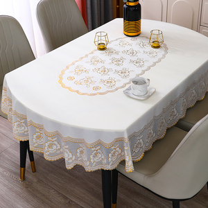 长椭圆桌布免洗防水防油烫金椭圆形餐桌布蕾丝PVC折叠家用台布