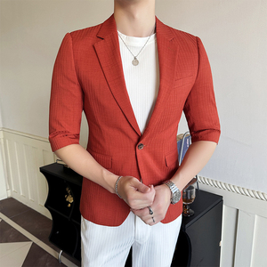 男士条纹西装外套短袖夏季薄款2024新款痞帅七分袖休闲红色小西服