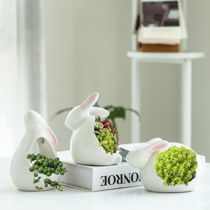 简约有孔花盆陶瓷特价桌面个性小摆件装饰可爱小白兔动物多肉花盆