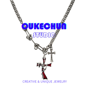 OUKECHUN红色双十字架项链女小众设计ins嘻哈甜酷轻奢毛衣链配饰