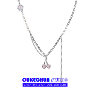 OUKECHUN粉色樱桃拼接珍珠项链女小众轻奢甜酷清新网红吊坠锁骨链