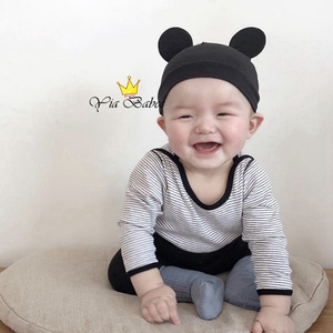韩国可爱超萌春秋婴儿男宝宝帽子儿童纯棉套头帽米老鼠护耳帽新生