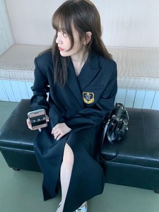 气质英伦风藏青色西装长款外套女2023秋季款宽松休闲韩版风衣薄款