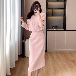 小香风粉色半身长裙套装女2023秋冬高级感名媛小个子洋气两件套装