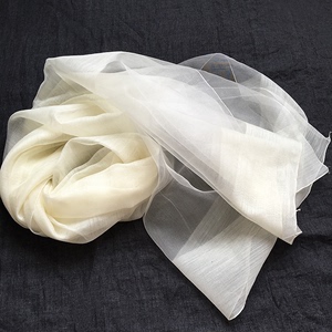 米白色真丝羊毛围巾纯白色植物染色蓝染扎染草木染手绘白胚布丝巾